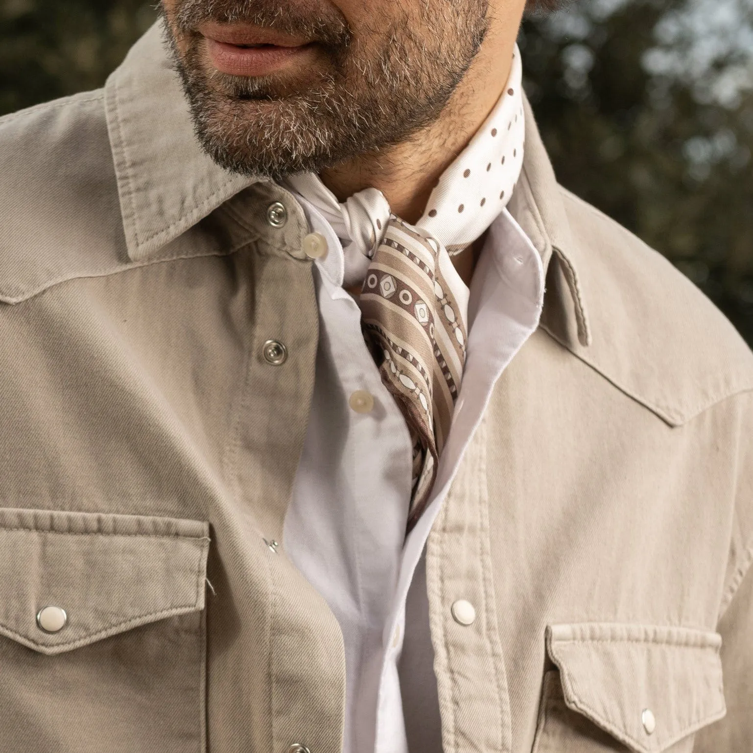 Verona - Hand Rolled Silk Neckerchief - White & Sand