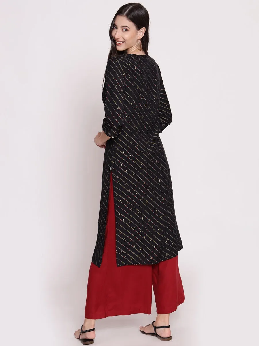 Women Black Bandhani Printed Kurta With Flared Bottom