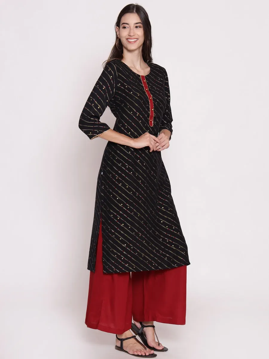 Women Black Bandhani Printed Kurta With Flared Bottom