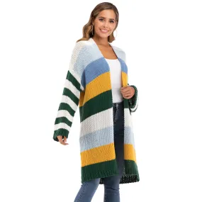 WOMEN Winter Coat Warm Cross Border Casual Long Joint Contrast Color Striped Oversize Knitted Sweater Cardigan Patched Outwear Coats