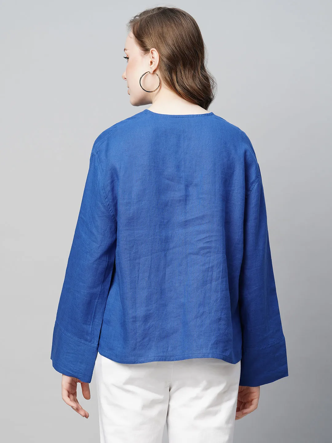 Women's Royalblue Linen Regular Fit Blouse