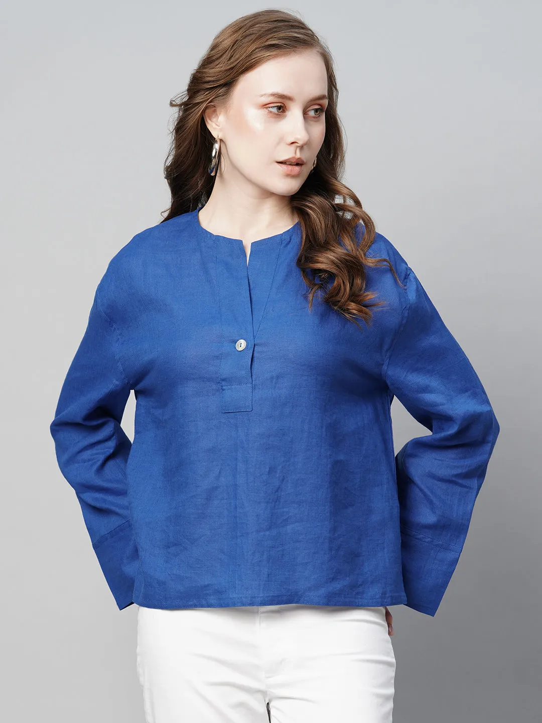 Women's Royalblue Linen Regular Fit Blouse